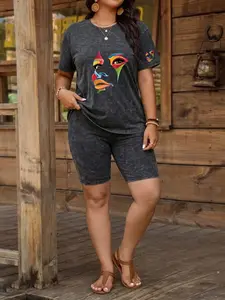 Plus Size Women's 2-Piece Set, Geometric Print, Vintage Distressed Short Sleeve & Shorts, Versatile Casual Home & Outdoor Summer Outfit, Womenswear, Lady