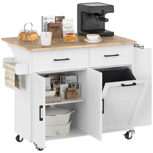 Kitchen Island with Trash Storage Cabinet, 2 Drawers, Kitchen Island with Drop Leaf, Kitchen Storage Islands Carts W/ 3 Spice Rack, Tilt Out Trash Cabinet, Island Table for Kitchen