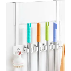 Broom Holder Door Mount Hanging, Over The Door Broom and Mop Organizer with 4 Slots and 4 Hooks, Wooden Tool Rack Storage Hanger for Laundry, Closet, Garage, No Drills