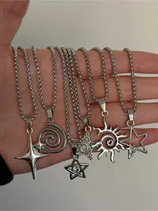 6 Pcs Retro Y2K Spiral Hollow Star Sun Pendant Stainless Steel Necklace Set, Minimalist Punk Unisex Couple Jewelry, Versatile Design