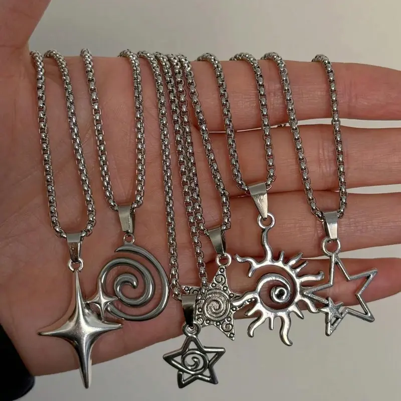 6 Pcs Retro Y2K Spiral Hollow Star Sun Pendant Stainless Steel Necklace Set, Minimalist Punk Unisex Couple Jewelry, Versatile Design, Punk Style Necklace