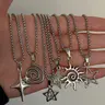 6 Pcs Retro Y2K Spiral Hollow Star Sun Pendant Stainless Steel Necklace Set, Minimalist Punk Unisex Couple Jewelry, Versatile Design, Punk Style Necklace
