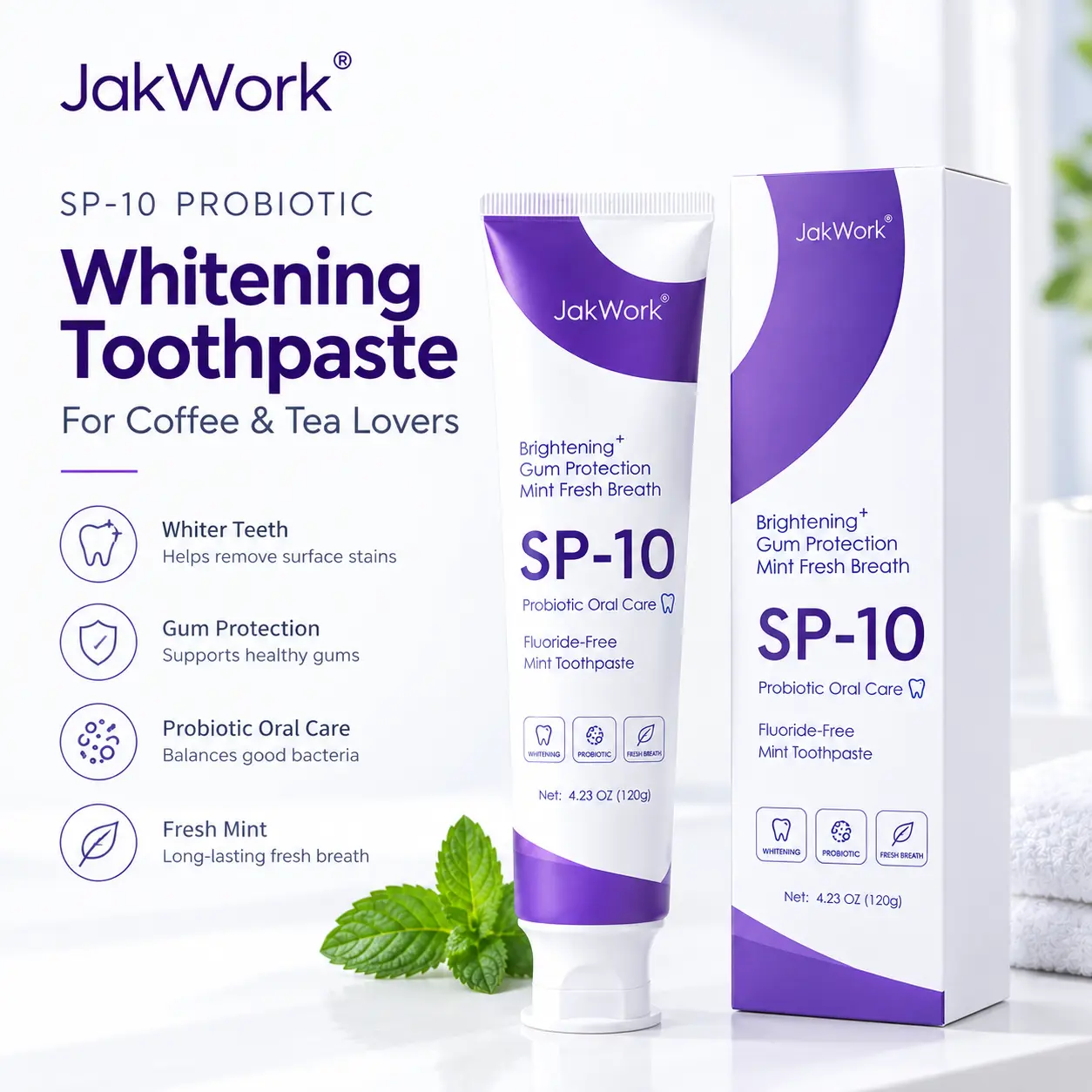 JakWork SP-10 Probiotic Whitening Toothpaste - Fluoride-Free Mint Oral Care for Coffee & Tea Drinkers, 120g, Gentle Surface Stain Removal, Fresh Breath, Gum Strengthening, Sensitive Teeth Restoration