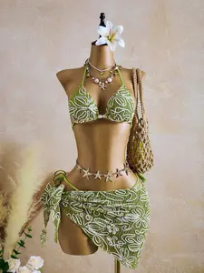 Sexy Three-Piece Bikini Set Special Fabric Tie-Up Beach Swimsuit for Women, Fitted Party Style Swimwear, Plain Design