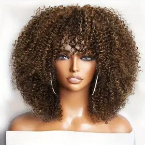 New 2025 Arrivals 200% Density Short Afro Kinky Curly Wig with Bangs - Human Hair Glueless Machine-Wig for Women & Men, Peruvian Highlight Brown, Rose Net Cap, Natural Look for All Ethnicities, Hair Wig