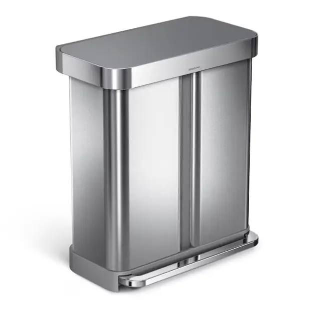 Simplehuman 58L Dual Compartment Kitchen Recycler Trash Can - Brushed Stainless Steel Step Can with Built-In Liner Pocket, Hands-Free Pedal, Separate Waste Bins, Fingerprint-Resistant Durable Finish for Home