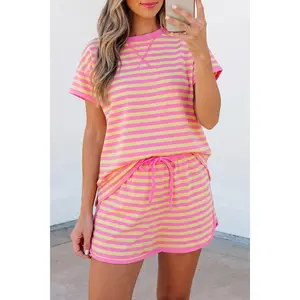 Pink Stripe Loose Short Sleeve Top and Skirt Set