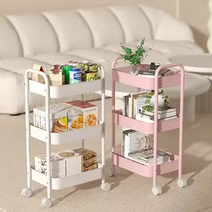 3 Layers heavy duty Carbon Steel Trolley Shelf Double Armrest with lockable Wheels Storage Rack Multi-layer Snack Shelf Mobile Kitchen Floor Storage Shelf,3-tier metal rolling utility cart multi functional storage organizer with handle double armrest