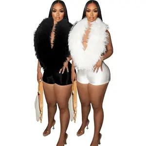 FashionCasualWomen'sWearElegantFeatherDeepVHalter-NeckFashionJumpsuitShortsforWomen