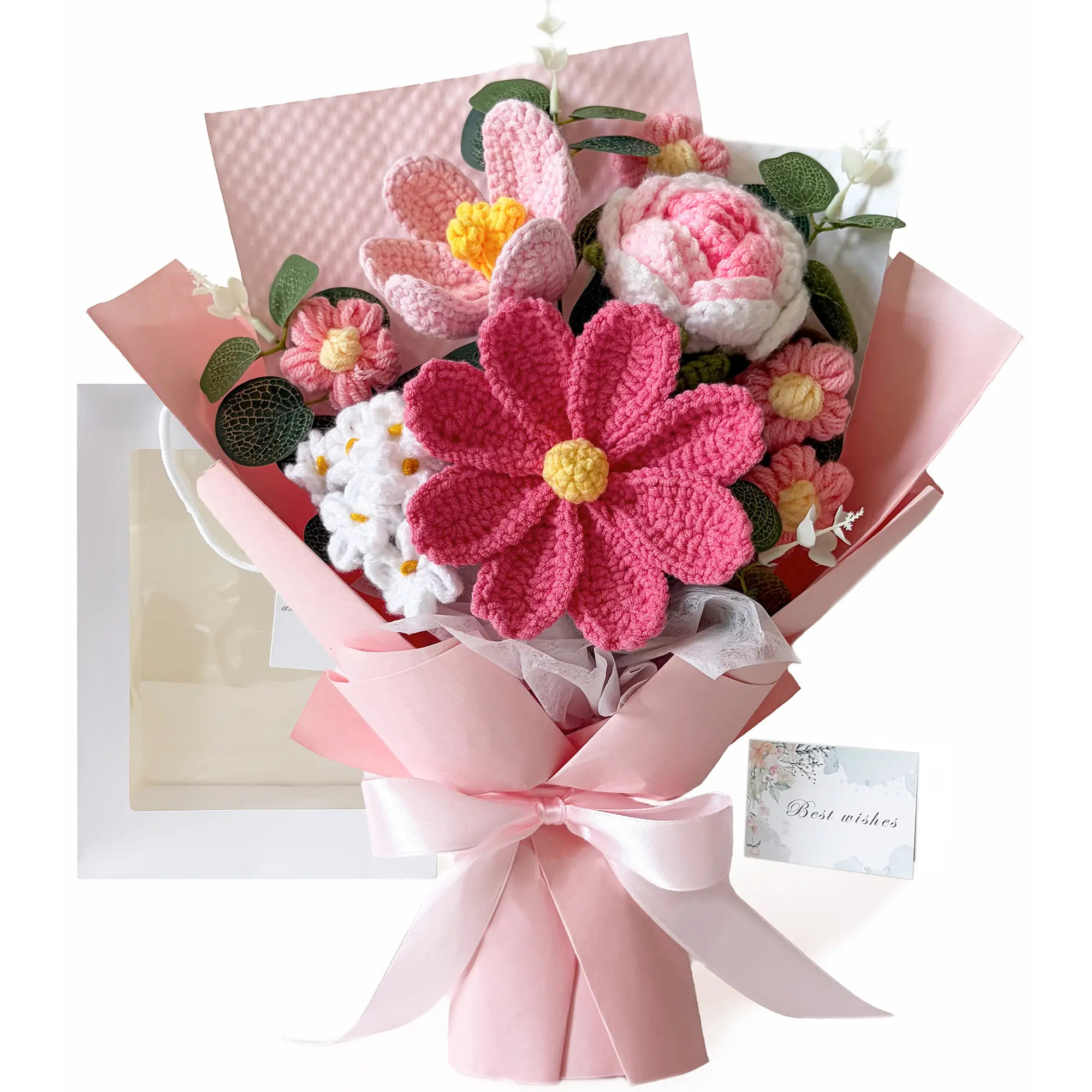Crochet Flower Bouquet, Handmade Pink Knitted Flowers, Gifts for Women, Mom | Artificial yarn flowers, With Gift bag and Card, Graduation Anniversary Mothers Day gifts, birthday gifts for girlfriends