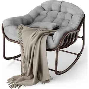 Outdoor Papasan Rocking Chair, Oversized Wicker Lounge Chair with Cushion and Metal Frame, Patio Rattan Egg Rocker for Balcony Backyard Porch Bedroom, Grey,summervibes