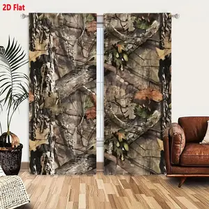 2D Flat Woodland Camouflage Blackout Curtain 2-Piece Set, Earthy Brown Gray Green Pattern with Realistic Tree Bark Branches Leaves Design, for Outdoor Hunting Theme Bedroom Living Room, Seamless Organic Textures, Blackout Window Cover