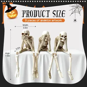 Halloween Skeleton Statues Set of 3 – See No Evil, Hear No Evil, Speak No Evil, Resin Skull Figurines for Gothic Home Decorations, Shelf Mantel Decor, Tabletop Halloween Decor Indoor