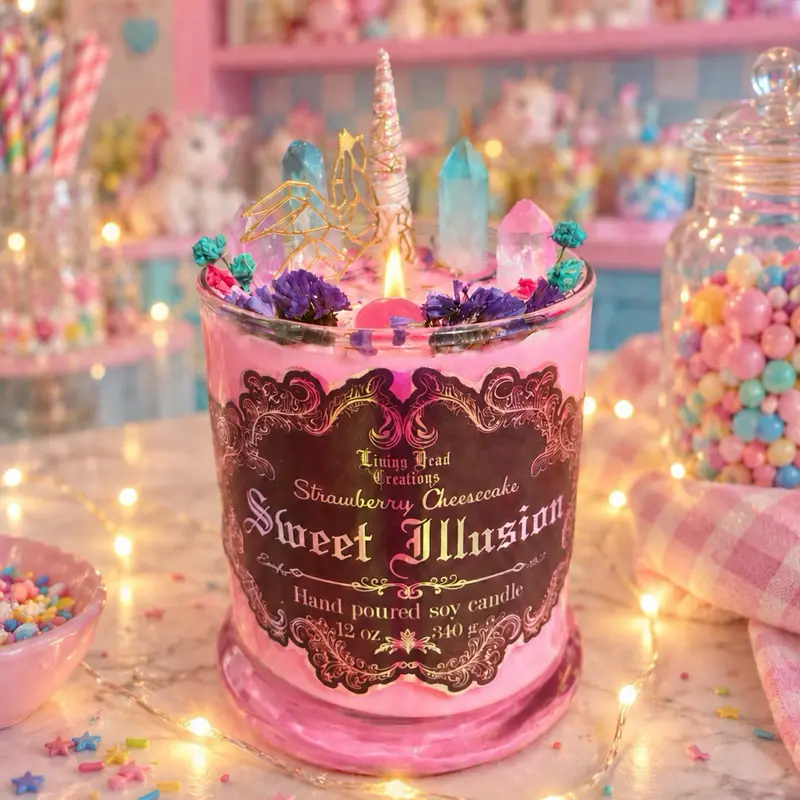 Sweet Illusion 12 oz Soy Candle - Strawberry Cheesecake Scent Aroma - Hand-Crafted Small Batch - Home Decoration Light with Flower Accent Vibe