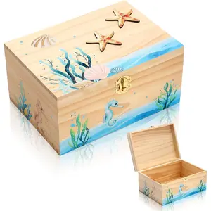 Geelin Large Ocean Wooden Jewelry Box 8.5'' x 6'' x 4.2'' Seashell Wood Keepsakes Box Tabletop Home Decor Sea Shell Memory Storage Organizer for Graduation High School College Birthday Party Gifts