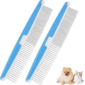 2 Pack Dog Combs, 2-In-1 Stainless Steel Cat Grooming Comb with Rounded Teeth, Professional Pet Dematting Tool, Prevents Knots and Mats for Small, Medium & Large Pets with Long & Short Brillirare