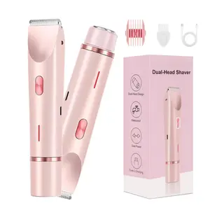 Bikini Trimmer for Women, Electric Shaver and Razor Rechargeable 2-in-1 Body and Facial Epilator, Dual Heads for Painless Trimming of Pubic Hair, Face, Underarms and Legs, Summer Gift