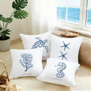 4-Piece Summer Simple Ocean Life Coral Turtle Starfish Seahorse Pillow Covers, Single-Sided Print, Home Decor for Living Room Bedroom, No Insert Included