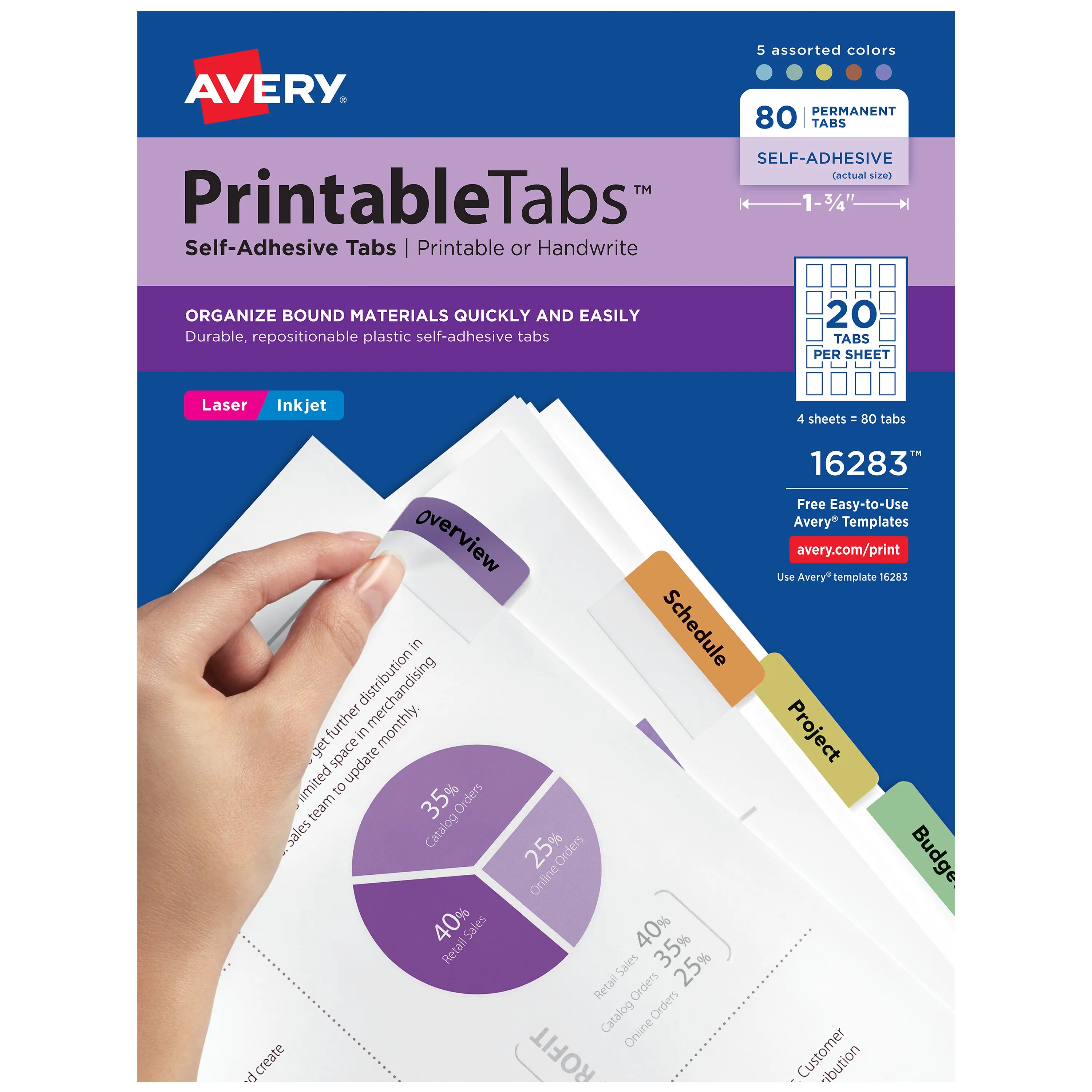 Avery® Printable Self-Adhesive Plastic Tabs, 1-3/4", Repositionable Adhesive, Assorted Colors, Pack of 80 (16283)