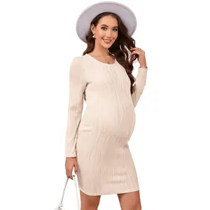 Yesfashion Women's Crew Neck Long Sleeve Knitted Jacquard Slim Fit Maternity Dress - 95% Polyester 5% Spandex, Soft Stretchy Casual Daily Wear Bodycon Outfit, Ready Stock White