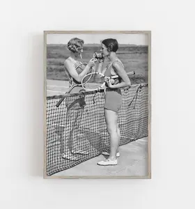 Women Tennis Players Black and White Art, Vintage Sports Wall Art, Cigarette Break Illustration, Unframed Art Poster