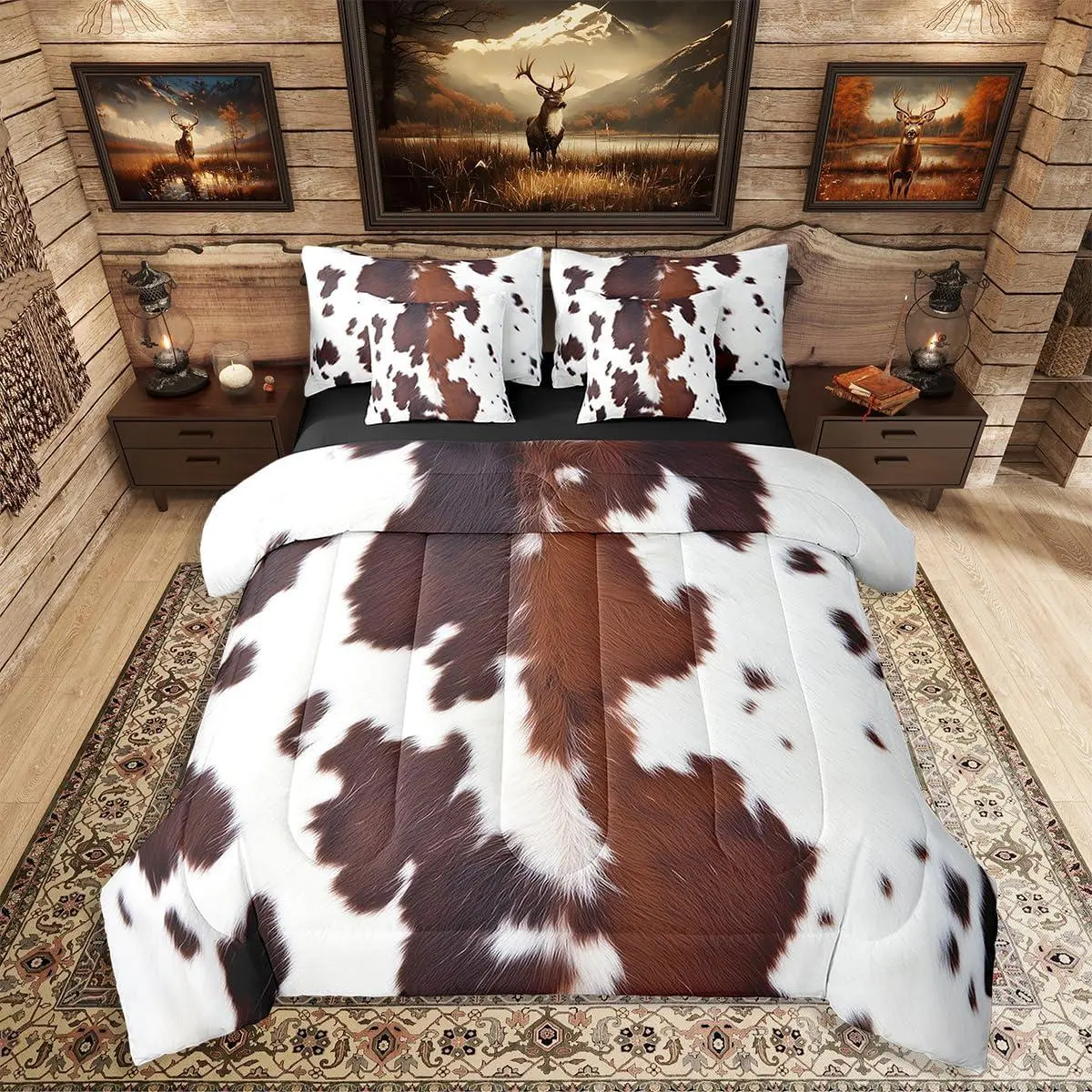Feelyou 7-Piece Black Brown Cow Print Comforter Bed Set - Cowhide Bedding with Sheets, Queen Size Comforter, Farm Animal Themed for Teens & Adults, Comforter Queen Size, Bed Comforter Sets