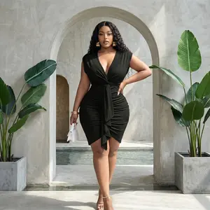 Plus Size Women's Black Front Twist Bodycon Mini Dress - Deep V-Neck Ruched Wrap Hem, Sexy 2026 Summer Club Party Night Out Dress