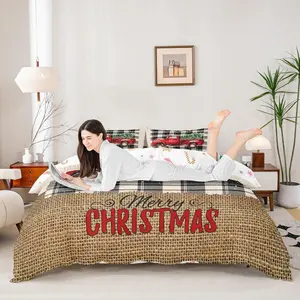 Kids Christmas Truck Duvet Cover Set,Xmas Tree Snowflake Bedding,Girls Boys Adults Room/Cabin Decor,Geometric Grids Plaid Chic Comforter Cover,Rustic Retro Quilt Cover