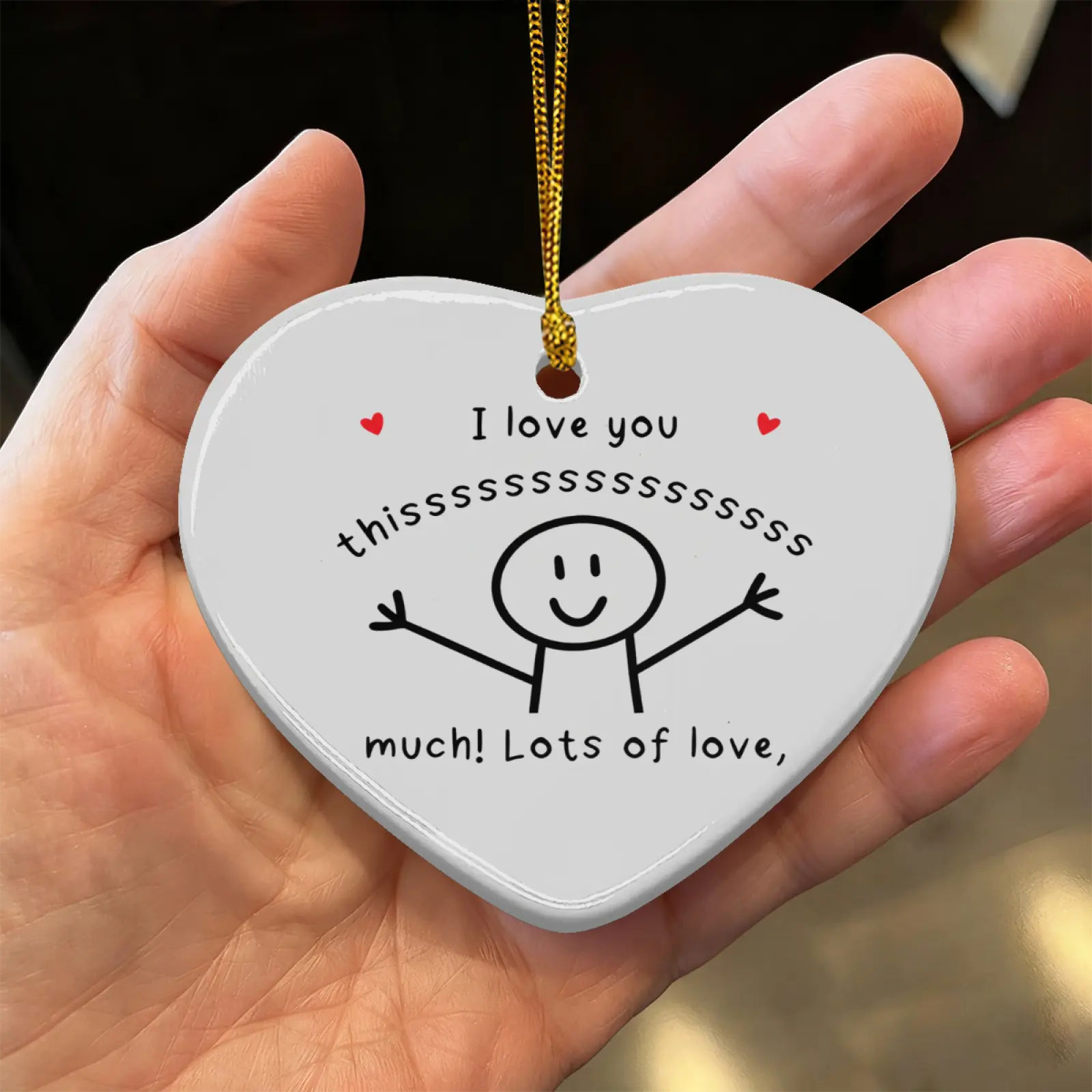 Double-Sided Print "I Love You This Much" Heart Ceramic Ornament - Hanging Home Decor, Room Decor Keepsake, Sweet Gift for Her for Valentine, Birthday, Christmas