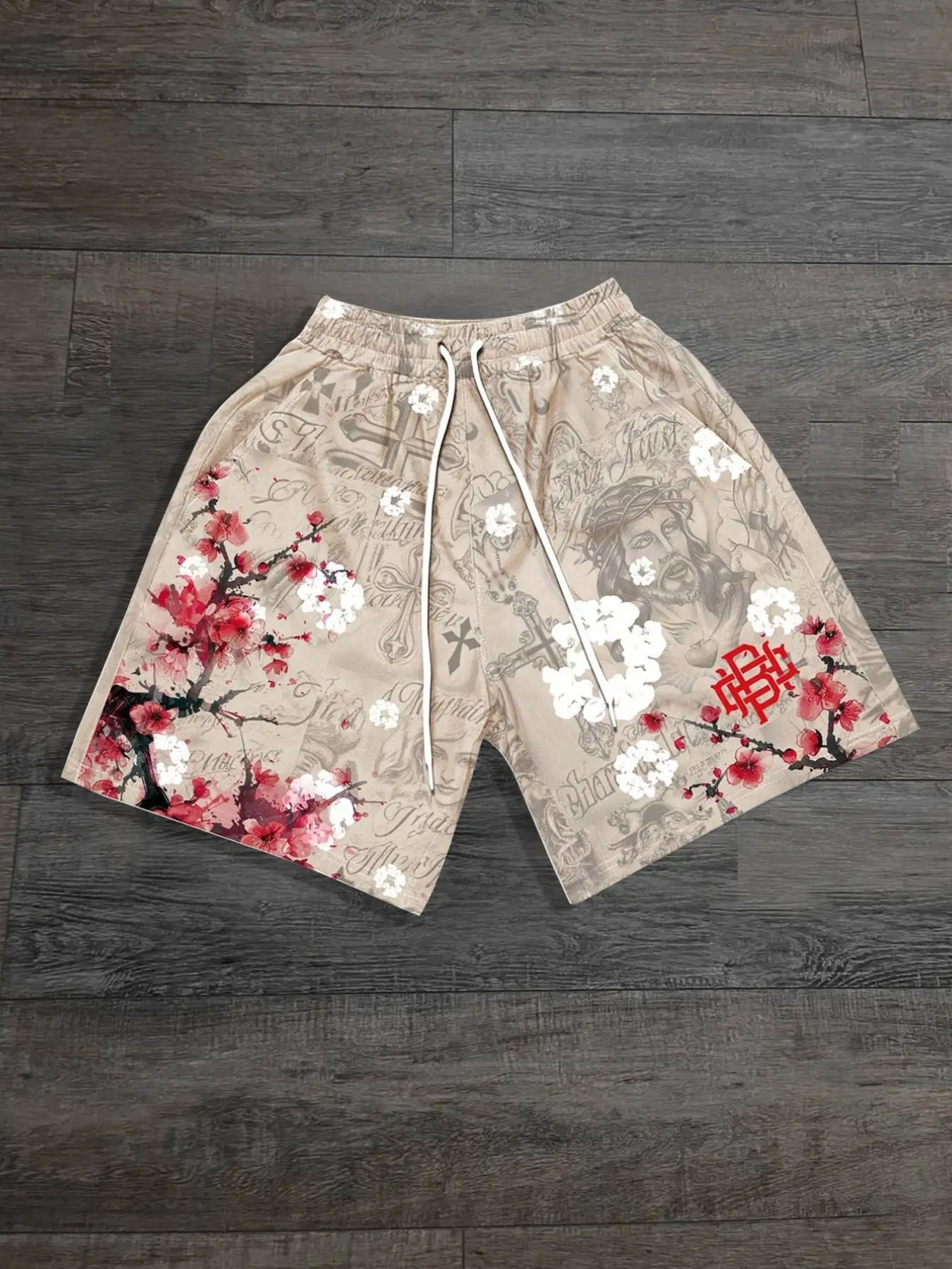 Cross Jesus Print Floral Loose Unisex Shorts for Men and Women in Multiple Colors, Christian Full Print Summer Shorts New 2026 Beachwear Beach Shorts Clothes Men's European & American Streetwear Trendy Chic Casual Shorts Jesus