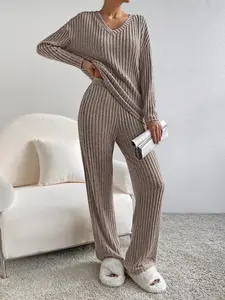 Women's V Neck Pajama Set, Autumn Winter Striped Sleepwear, Loose Fit Wide Leg, Side Pocket Design, Comfortable Homewear, Loungewear