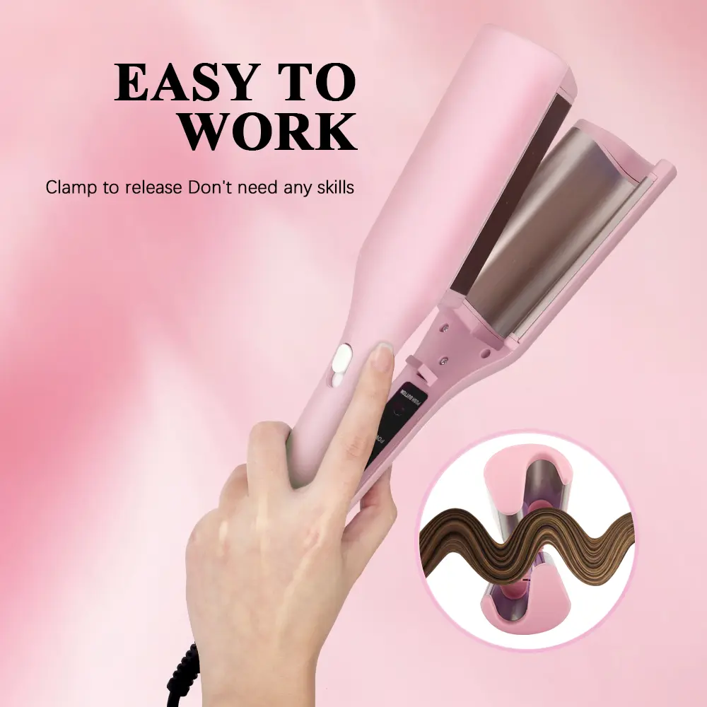 32MM Pink French V-Wave Crimper Curling Iron - Clamp-Release, No Skills Needed, 4-Speed Temp Adjustment, Fast Heating, Electric Heated Curler for All Hairstyles & Hair Types gold titanium
