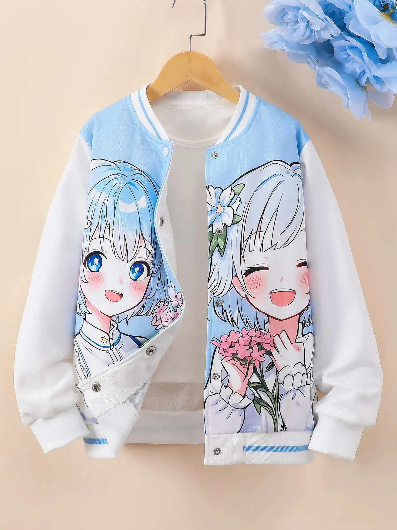 Girl's Cartoon Print Button Front Varsity Jacket, Cute Long Sleeve Baseball Collar Outerwear for Fall & Winter, Kids Clothes for Daily Wear