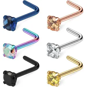 6PCS 22G Surgical Steel Mix Color Diamond CZ Nose Stud Rings L Shaped Piercing Jewelry 1.5mm 2mm 2.5mm 3mm