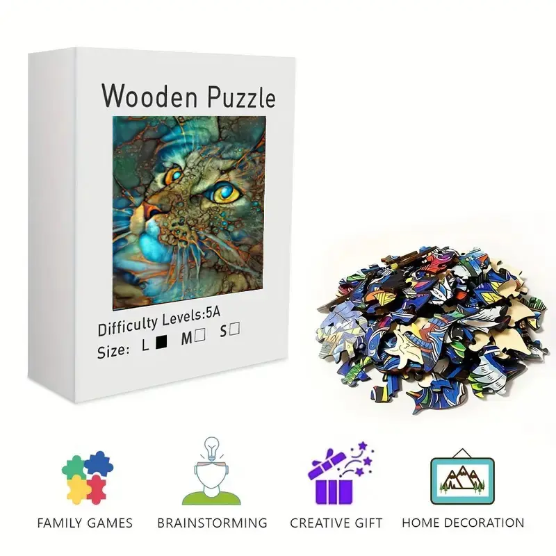 Artistic Stained Glass Cat Wooden Jigsaw Puzzle - Challenging Irregular Shaped Pieces for Adults & Kids, Unique Abstract Cat Art Puzzle, Stress Relief Brain Teaser, Framable Wall Art Home Decor