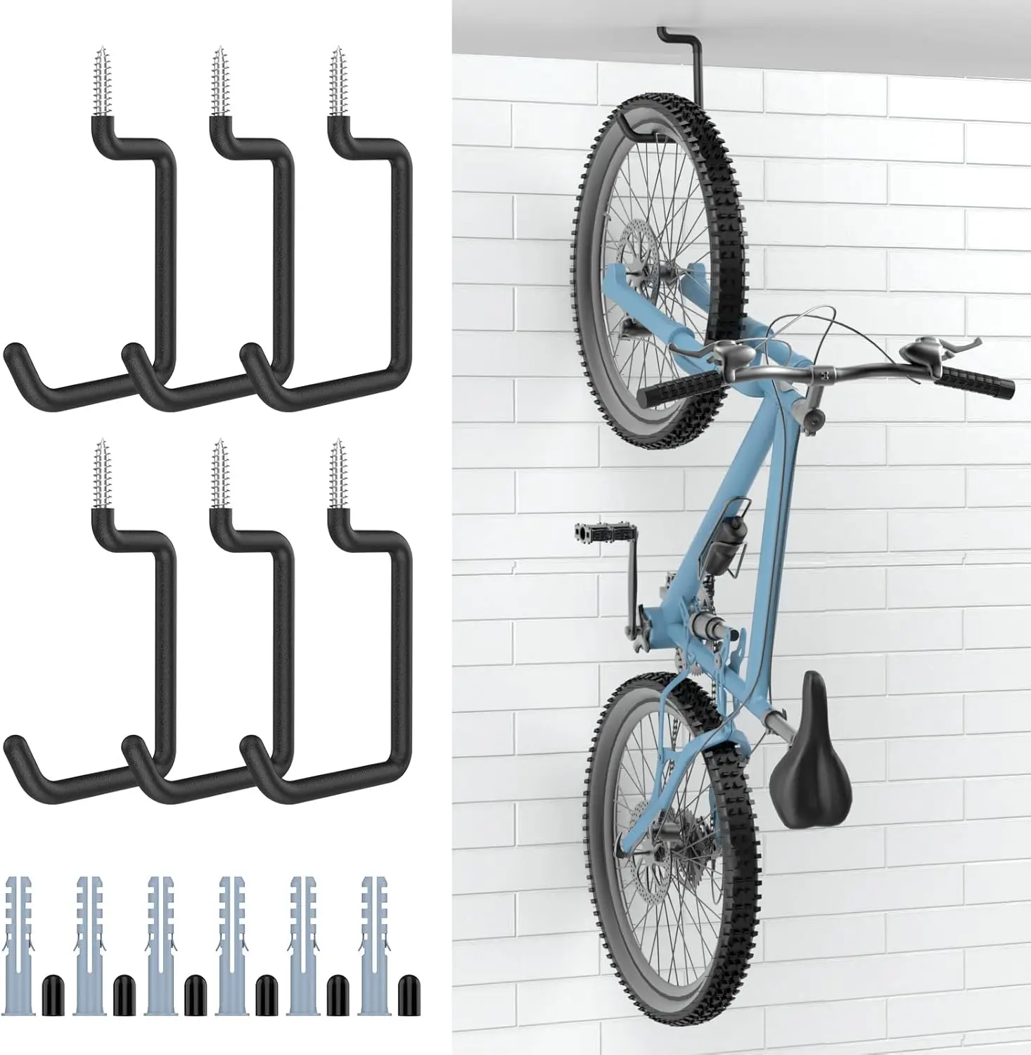 Moko Rustproof Sturdy Screw-In Bike Hooks, 8-in Wall & Ceiling Hooks for Garage, 6-Pack with 75 lbs Load Capacity & Anti-Slip Coating, Home Organizer for Bicycles, Vinyl Hangers, Foldable Chairs