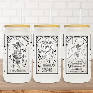 You Had Me at Trigger Warnings Glass Cup With lid and Straw, Good Girl Bookish Dark Romance 16oz Frosted Glass Tumbler with Bamboo Lid, Floral Skeleton Smut Booktok Book Lover Gift