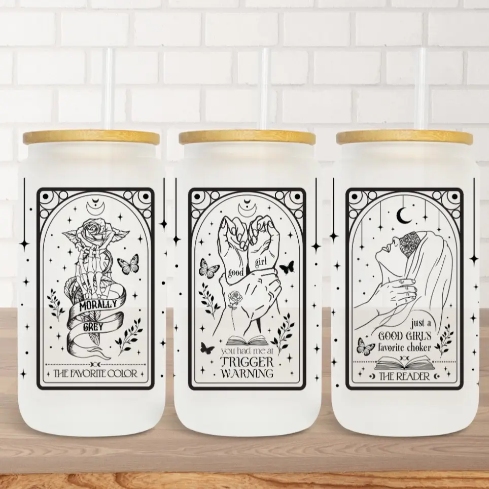 You Had Me at Trigger Warnings Glass Cup With lid and Straw, Good Girl Bookish Dark Romance 16oz Frosted Glass Tumbler with Bamboo Lid, Floral Skeleton Smut Booktok Book Lover Gift