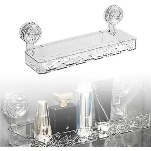 No Drill Shower Caddy Rack - Strong Suction Cup Shelves for Bathroom, Clear Wall Mount Organizer with Drain Holes, Waterproof Organizer for Kitchen & Bath, Renter Friendly Storage