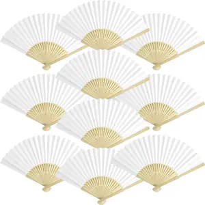 50 Packs White Paper Fans Paper Hand Fan Bamboo Folding Fan Handheld Fan Paper Folded Fan Paper Fan for Wedding Party and Home Decoration