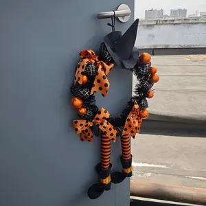 Halloween Wreath Door Hanging Two Legs Orange Pumpkin Garland Skull Haunted House Decorative Pendant Party Hanging Ornament, Christmas
