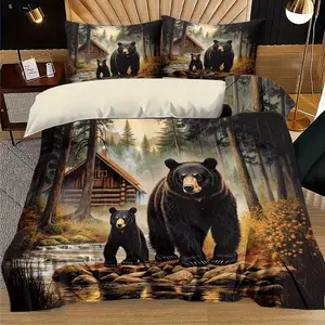 3-Piece Bear House Print Bedding Set, Includes 1 Fitted Sheet & 2 Pillowcases, Zipper Closure, Breathable Polyester