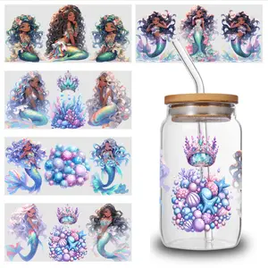 5 Sheets Mermaid Pattern UV DTF Stickers Glass DTF Transfer Stickers UV DTF Transfer Stickers for Glass Cups Suitable for 16 oz Glass Plastic Self-Adhesive Labels DIY Water Bottle Glass