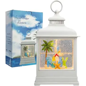 Tropical Beach Vacation Themed Snow Globe Lantern with Music USB or Battery Powered Light Up Water Lantern with Surfboard Swirling Glitter Costal Ocean Decor Coconut Tree