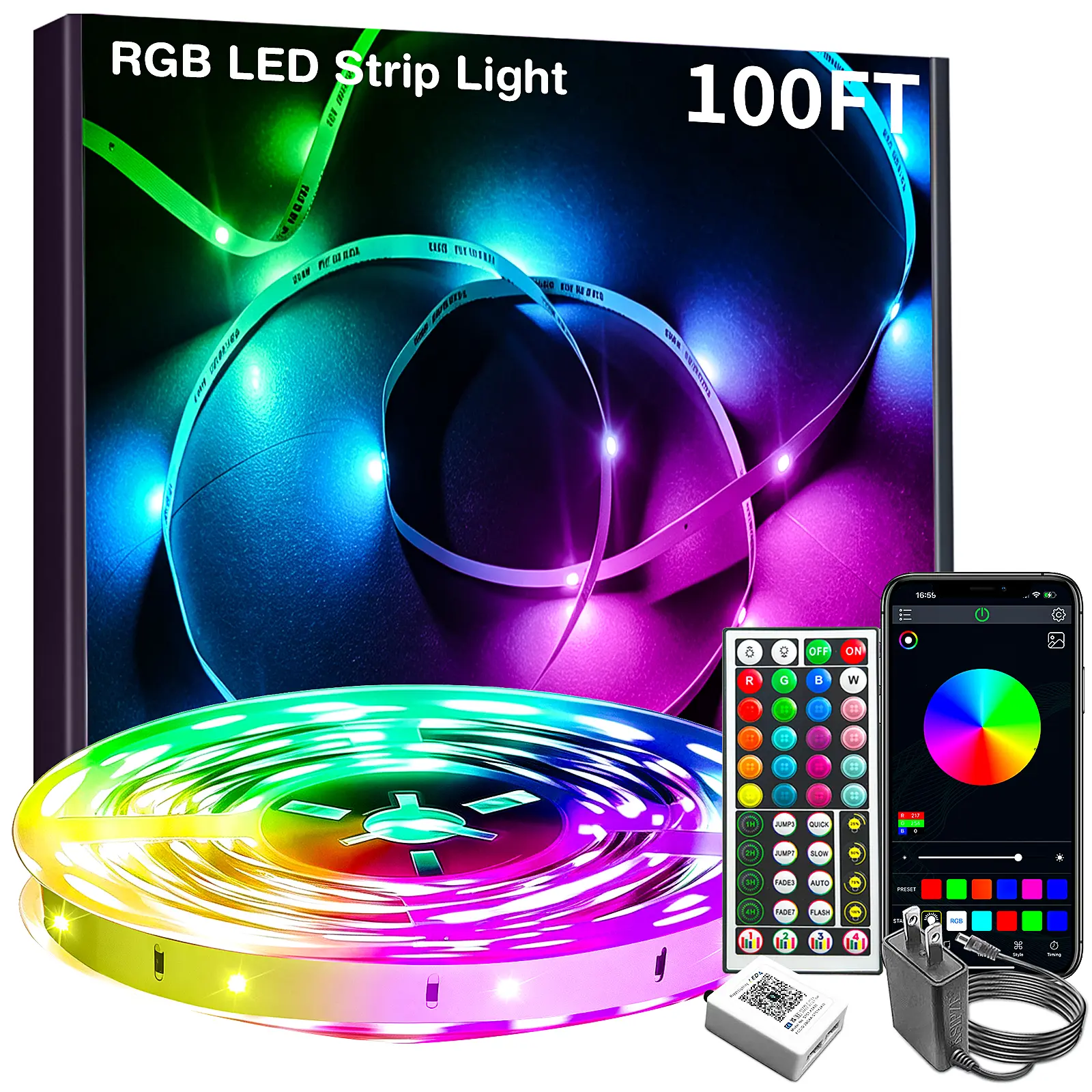 100FT Smart RGB LED Strip  Lights APP & Remote Control, Music Sync 16M Colors Ambient Lighting for Bedroom Decor, Timer Enabled Home Improvement Lighting for Halloween Christmas