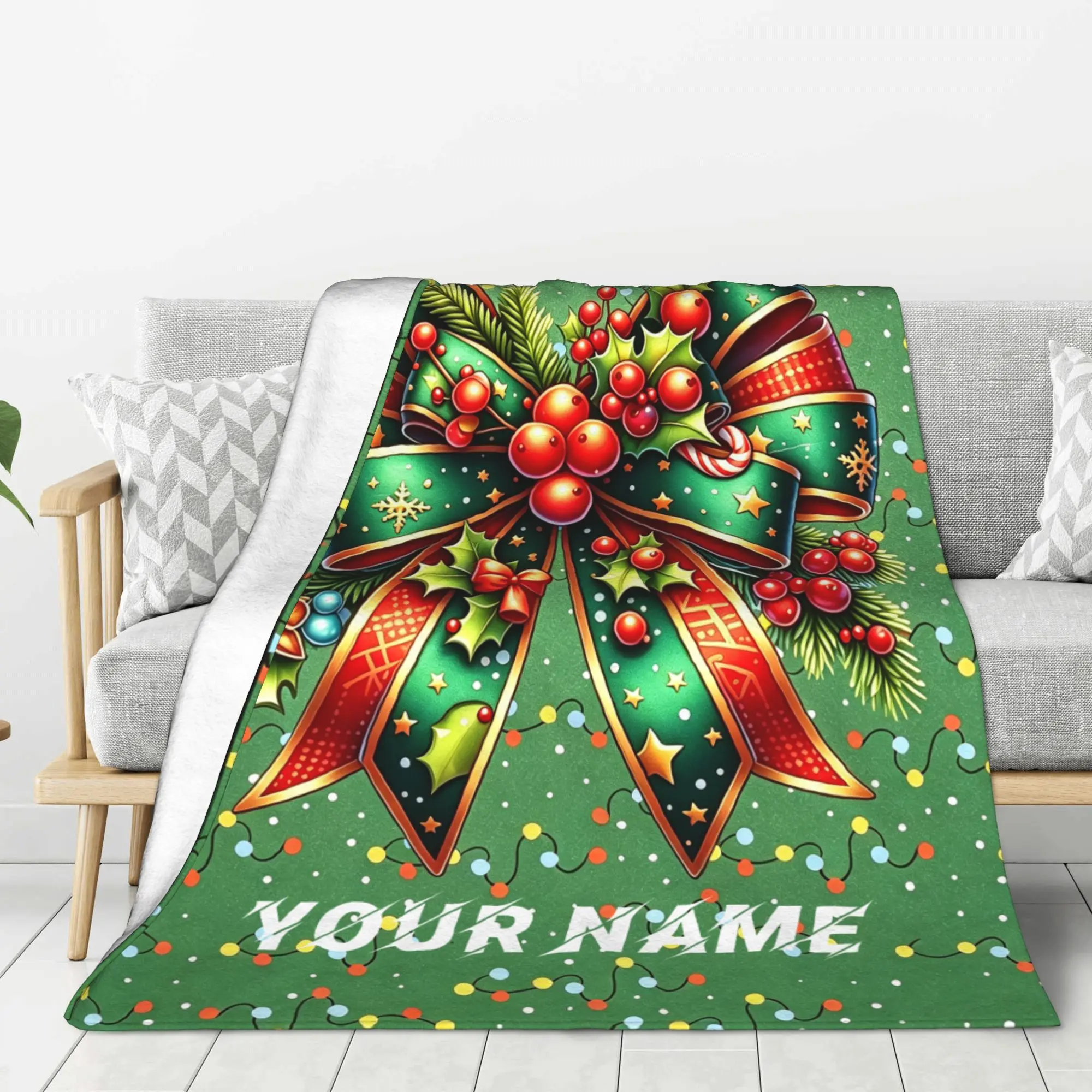 Personalized Christmas Bow Throw Blanket Custom Name Xmas Holly Berry Light String Flannel Blanket Soft Warm Cozy Blanket for Sofa Bed Christmas Home Decor