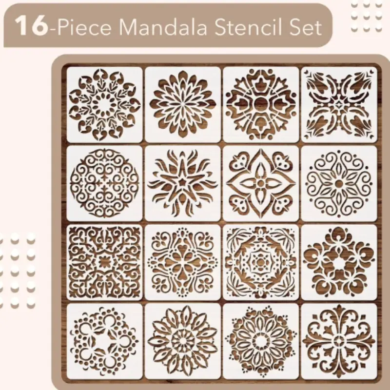 16-Piece Mandala Stencil Set, Round Hollow Painting Templates, Circular Drawing Aid, Wall & Spray Paint Art Supplies, DIY Painting Supplies