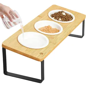 Raised Cat Food Water Bowl Elevated Tilted Kitty Dishes Set of 3 Ceramic Dish for Indoor Cats Orthopedic Pet Food Stand Reduces Vomiting Cat Feeder Easy Assembly Wood Color