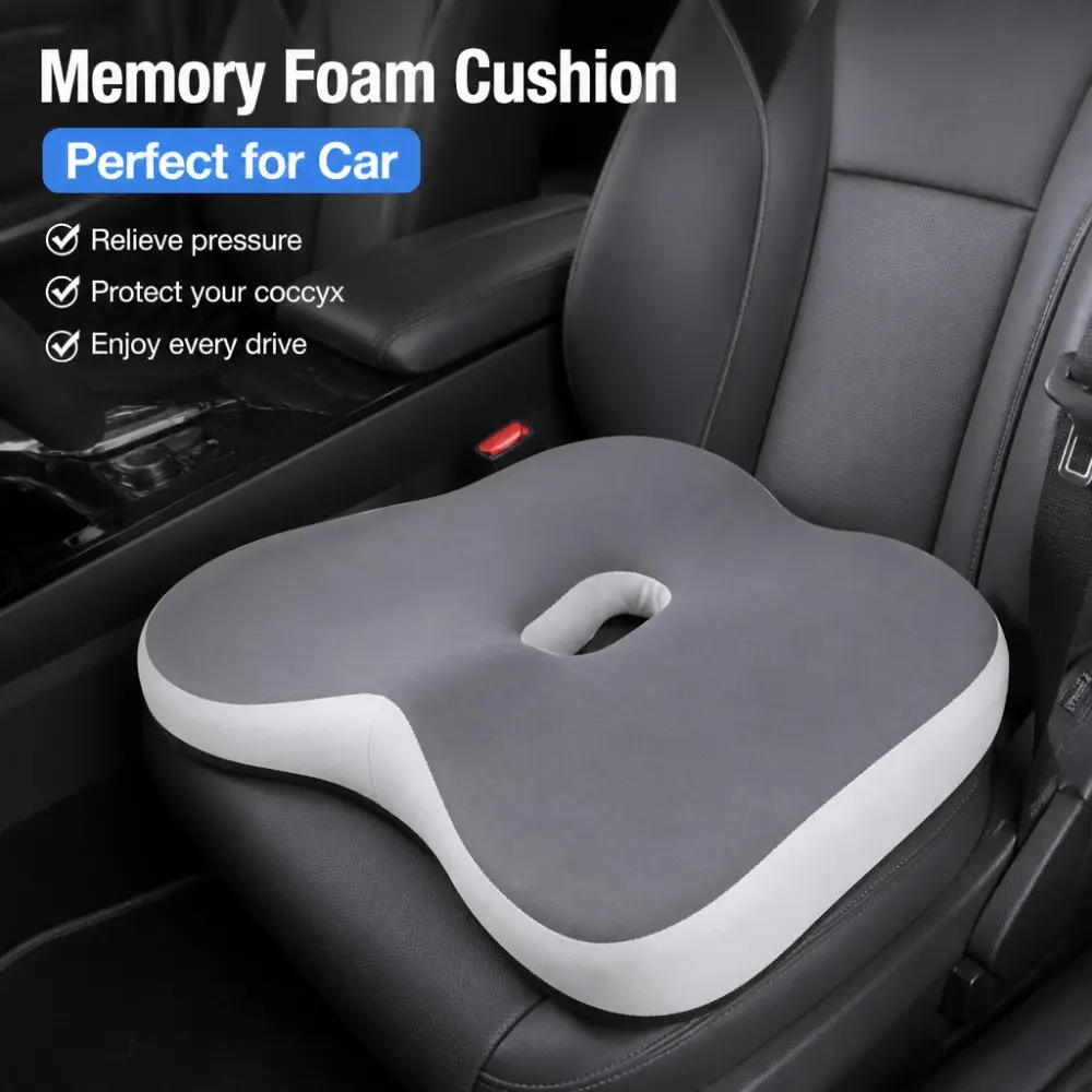 Memory Foam Car Seat Cushion Orthopedic Tailbone Pain Relief Pad Non Slip Milk Cotton Thick Wedge Seat Pad For Car Office Chair Long Sitting Hip Pressure Relief