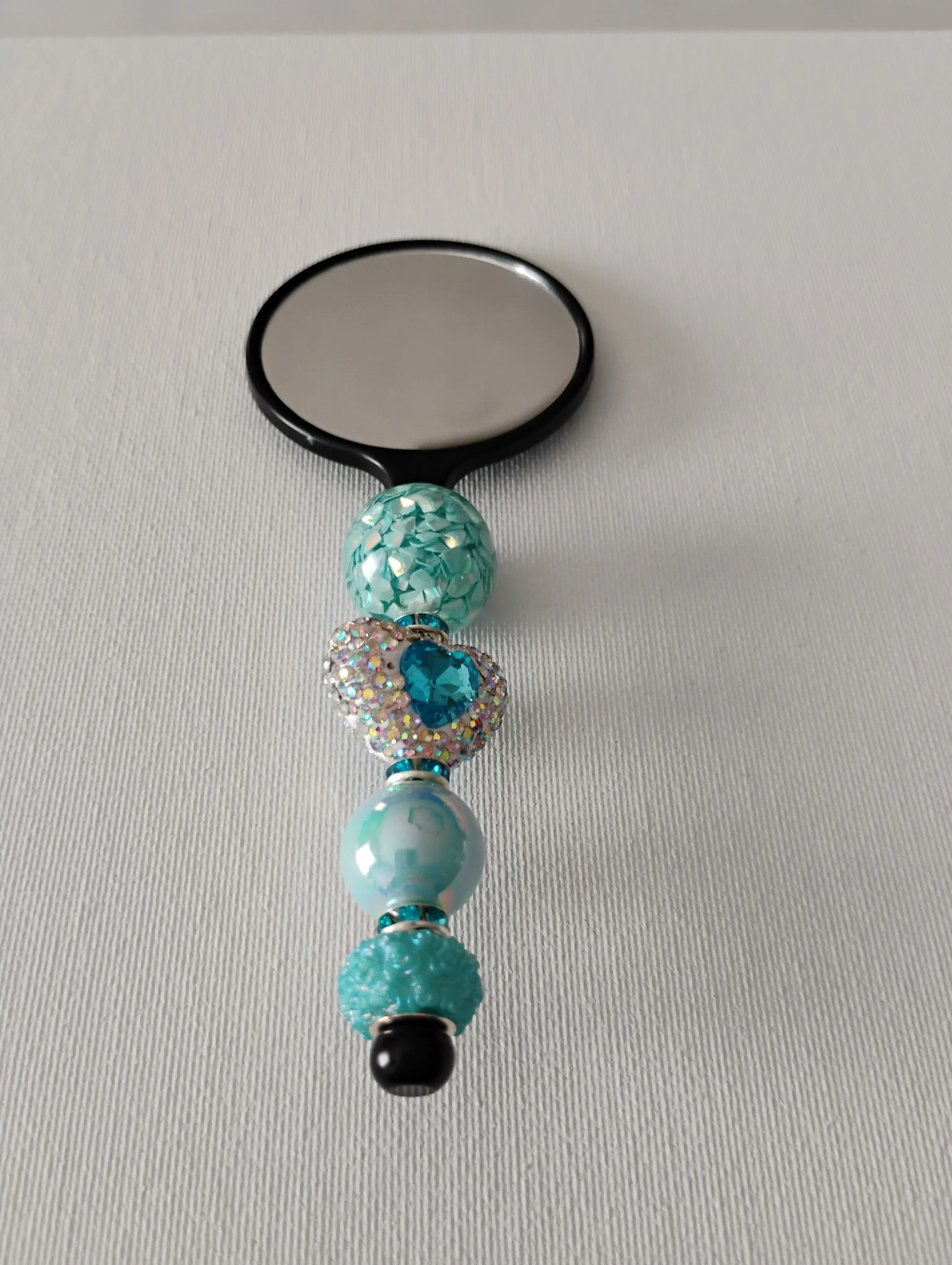 Beaded Handheld Mirror with Turquoise Beads and Heart Charm for Makeup Application